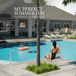 a woman sitting beside a pool